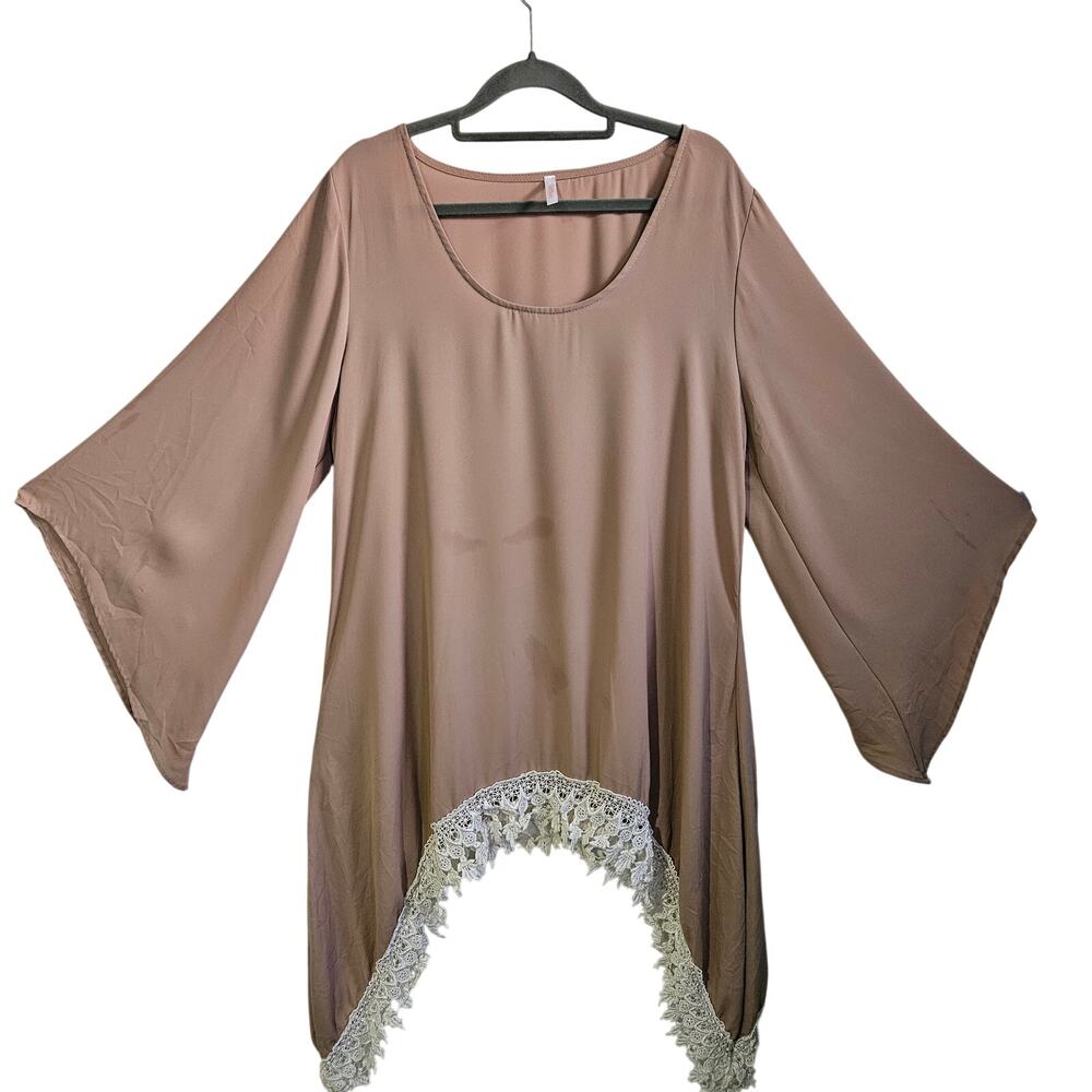 Pink Blush Women's L Oversized Bell Sleeve Lagenlook Blouse Top Tan Lace Trim